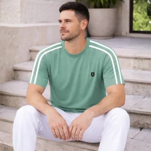 VeBNoR Men's Light Green Striped Round Neck Polyester T-Shirt for Casual Wear
